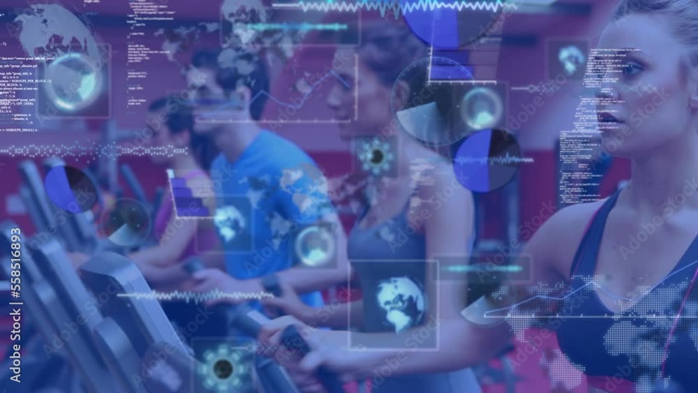 Poster animation of data processing over people running on treadmill, exercising in gym