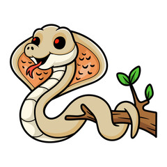 Cute albino monocled cobra cartoon on tree branch