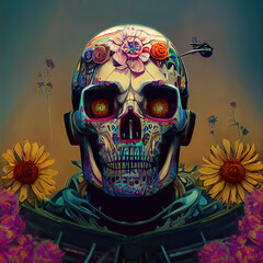 Cyber robot skull with flowers