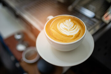 hot latte art coffee on table, relax time