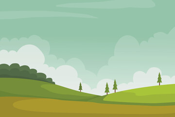 Countryside nature field landscape cartoon  background with sky, meadow green grass, tree, hill, and road