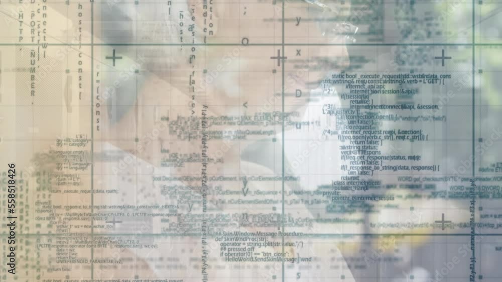 Poster animation of grid pattern over programming language against senior caucasian woman using laptop
