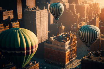 Hot air balloon over city building. Generative AI.