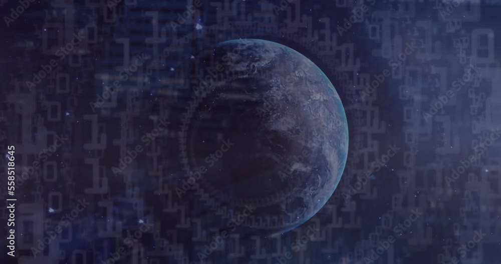 Poster animation of binary codes and dots over globes against space in background