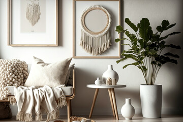 With faux photo frames, flowers in vases, a wooden desk, beige macrame, and beautiful accessories, this living room has a chic and contemporary bohemian aesthetic. interior design. Bohemian idea. Read