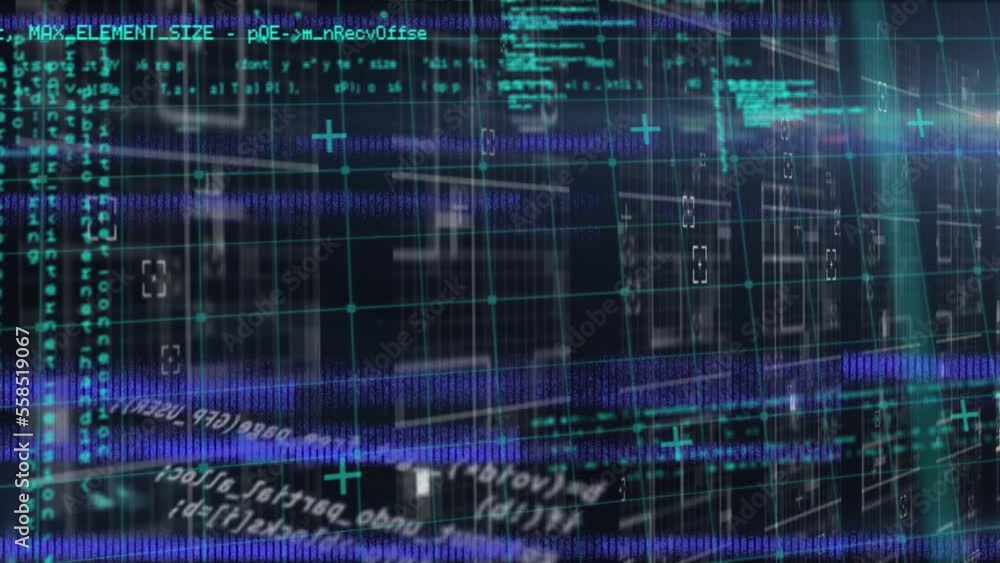 Poster animation of glitch technique over programming language against abstract background
