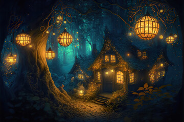 Enchanted house with glowing lanterns, in the forest.