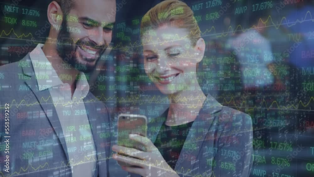 Poster animation of data processing over diverse business people using smartphone