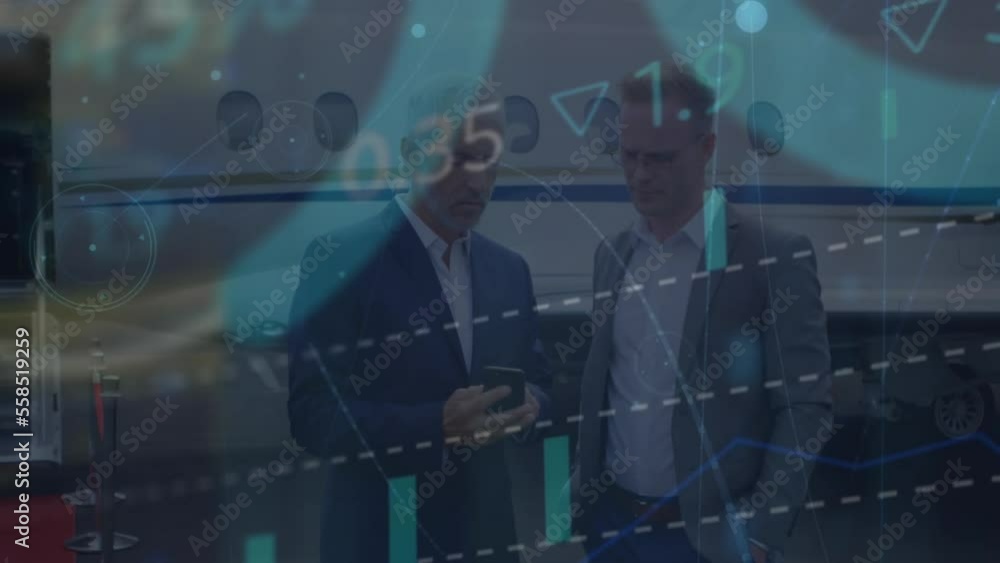 Aufkleber animation of data processing over caucasian businessmen using smartphone by airplane