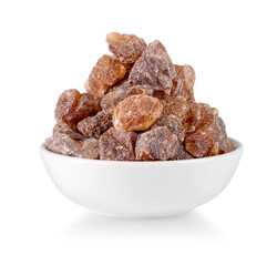 Raw of brown sugar cubes isolated on white background