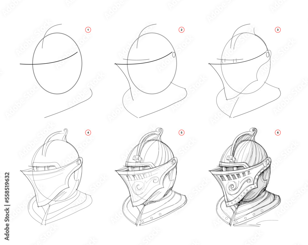 Wall mural page shows how to learn to draw sketch of ancient knight helmet. pencil drawing lessons. educational