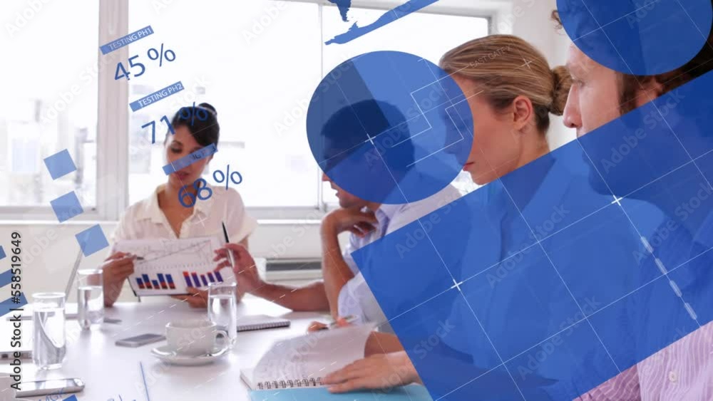 Poster Animation of statistics and data processing over diverse business people in office