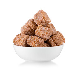 Raw of brown sugar cubes isolated on white background