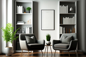 Interior of a chic living area, office lounge, or home library with white walls, a wooden floor, two cozy armchairs, and a bookcase made of gray and wood. fake vertical poster frame. Generative AI