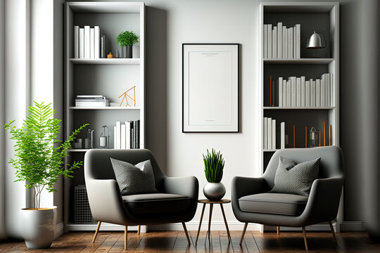 Interior of a chic living area, office lounge, or home library with white walls, a wooden floor, two cozy armchairs, and a bookcase made of gray and wood. fake vertical poster frame. Generative AI