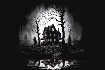 , a nighttime drawing of a spooky haunting home in a swamp. a stark contrast. Generative AI