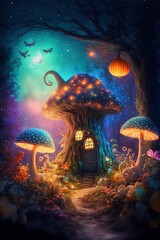 Fototapeta na wymiar A fairy mushroom house under the stars