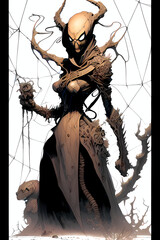 Obraz premium A fantasy board game card/colouring book page: Mutated spider woman. AI-generated