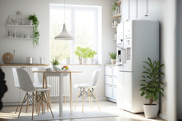 Scandinavian interior design and a brand new, bright kitchen. In the dining area, there is white furniture with utensils, colored cups and a kettle, shelves with dishes and potted plants, a refrigerat