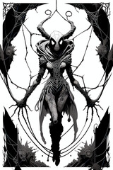 Obraz premium A fantasy board game card/colouring book page: Mutated spider woman. AI-generated