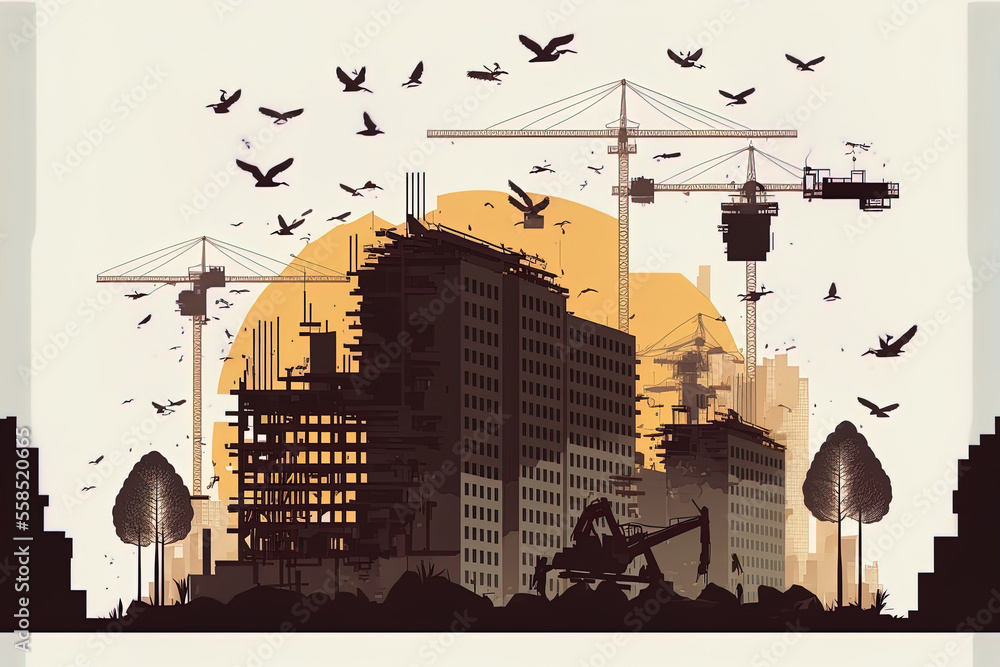 Poster construction procedure. cranes and a home constructing are shown in a . building site silhouette com