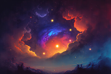 star filled sky starfall nebula Orange, violet, blue a spectacular cloudscape at sunset in the summertime. Generative AI