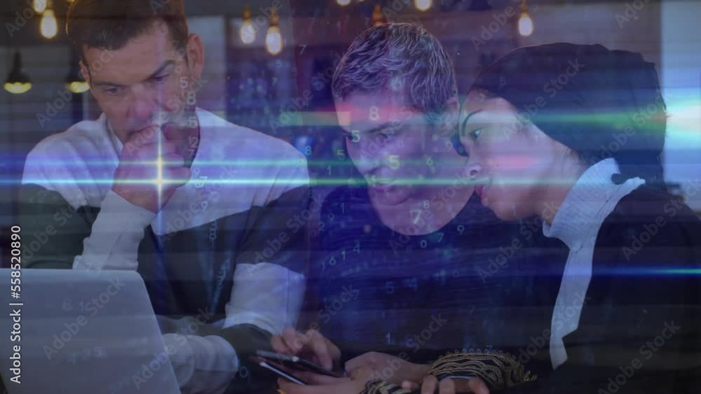 Poster animation of data processing over diverse business people working in office