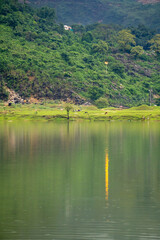 Natural landscape with lake and mountains, Selective Focus