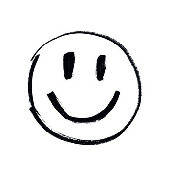 Happy face, emoji, expression. Irregular shapes made with marker pen, brush. Black smiley face on isolated white background. Illustration of different facial expressions: joy, happiness. Free-hand.