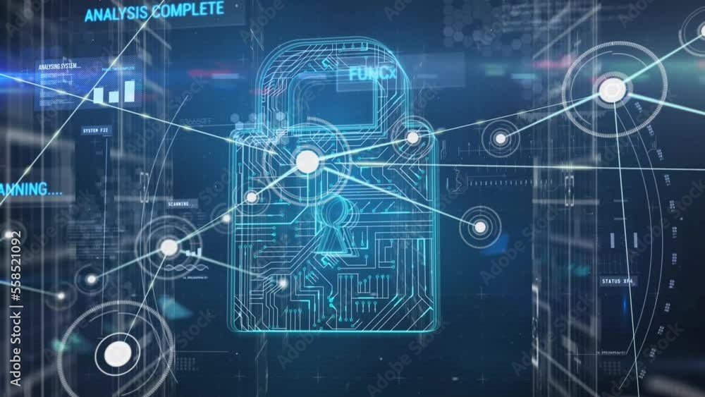 Poster animation of network of connections over data processing and padlock