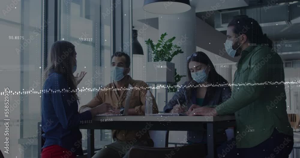 Poster animation of graphs and numbers over diverse coworkers wearing mask discussing reports in office