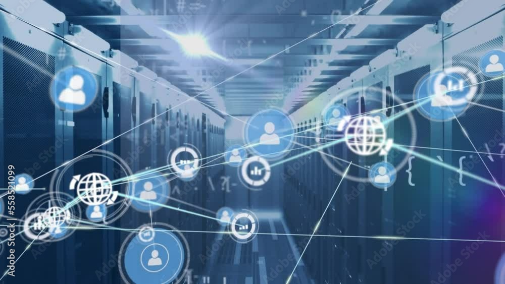 Poster animation of network of connections and data processing over server room