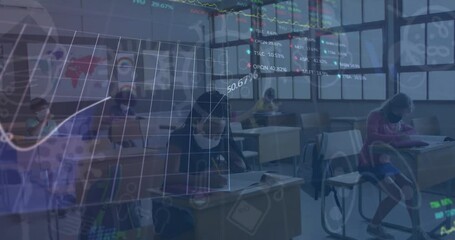 Animation of viruses, graphs, trading board, diverse student giving exams in classroom wearing mask - Powered by Adobe