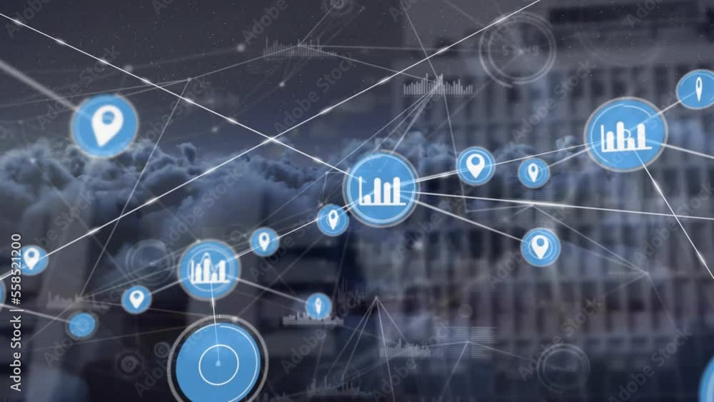 Poster animation of connected icons and graph over dense clouds against buildings in background