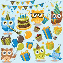 Owls Birthday party boy vector art