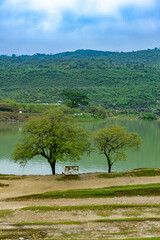 Natural landscape with lake and mountains, Selective Focus
