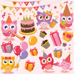 Owls Birthday party girl vector artwork
