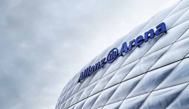 view of the exterior of the Allianz Arena in Munich on a cloudy day