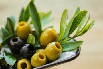 Olives and olive oil.mediterranean cuisine ingredient. Black and green olives and a green olive branch close-up in olive oil on a wooden table. Fresh bio organic olives and black olives.