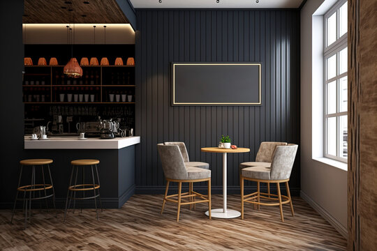 Coffee shop corner with wooden and grey walls, a hardwood floor, a bar counter with brown stools and a bright coffee sign, as well as a round table and chairs. Generative AI