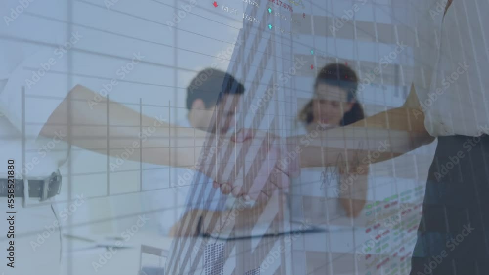 Poster animation of statistics and data processing over business people shaking hands