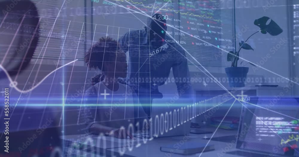 Poster animation of statistics and financial data processing over business people working in office