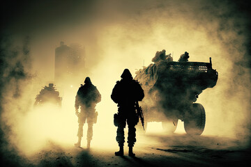 Battle Concept Military figures engaged in combat against a war related fog background, World War Soldiers Cloudy Skyline is below. the evening. Combat in a destroyed city. selective attention