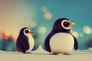 Cute Penguins in the Snow, penguins in winter landscape.