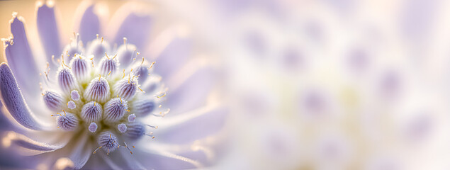 Beautiful banner of flowers. Macro photo of white-purple flower bud close-up on blue background. Texture soft petals. Greeting gift card background . Toned image. Template banner	