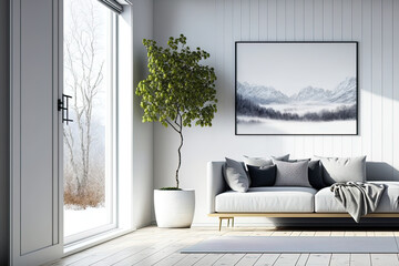 Interior of a white minimalist living room with a sofa on a wooden floor, decorations on a big wall, and a white landscape outside the window. Nordic interior design. Generative AI