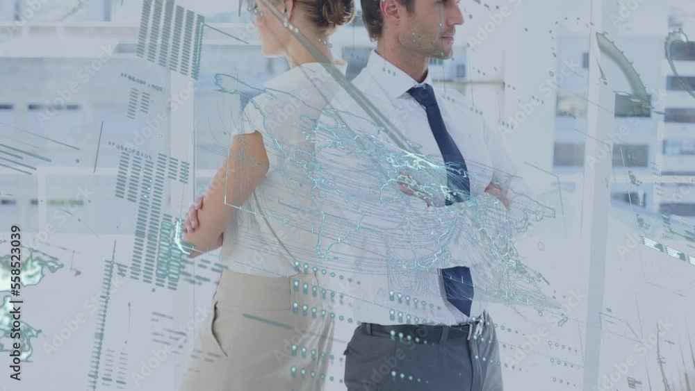 Poster animation of statistics and financial data processing over diverse business people