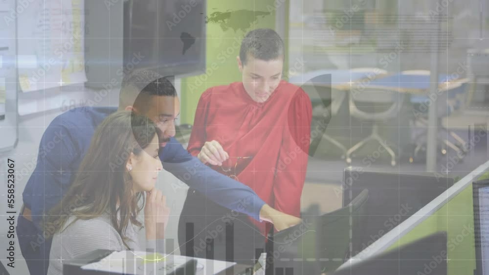 Poster animation of infographic interface over diverse coworkers discussing reports on computer in office