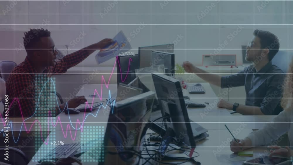 Poster animation of graphs and numbers over multiracial coworkers sharing report details in office