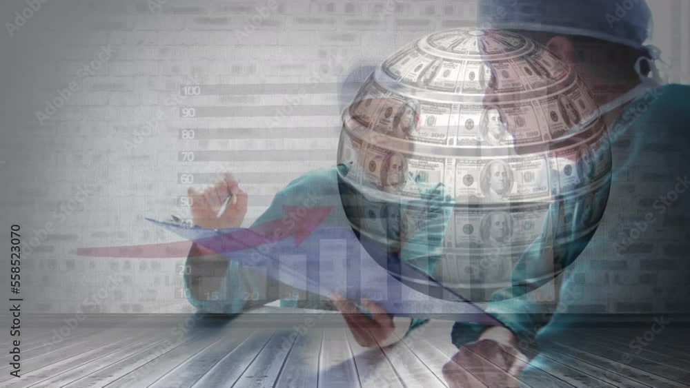 Poster animation of globe formed with american dollar bills and data processing over diverse surgeons